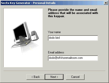 key generator personal details screen